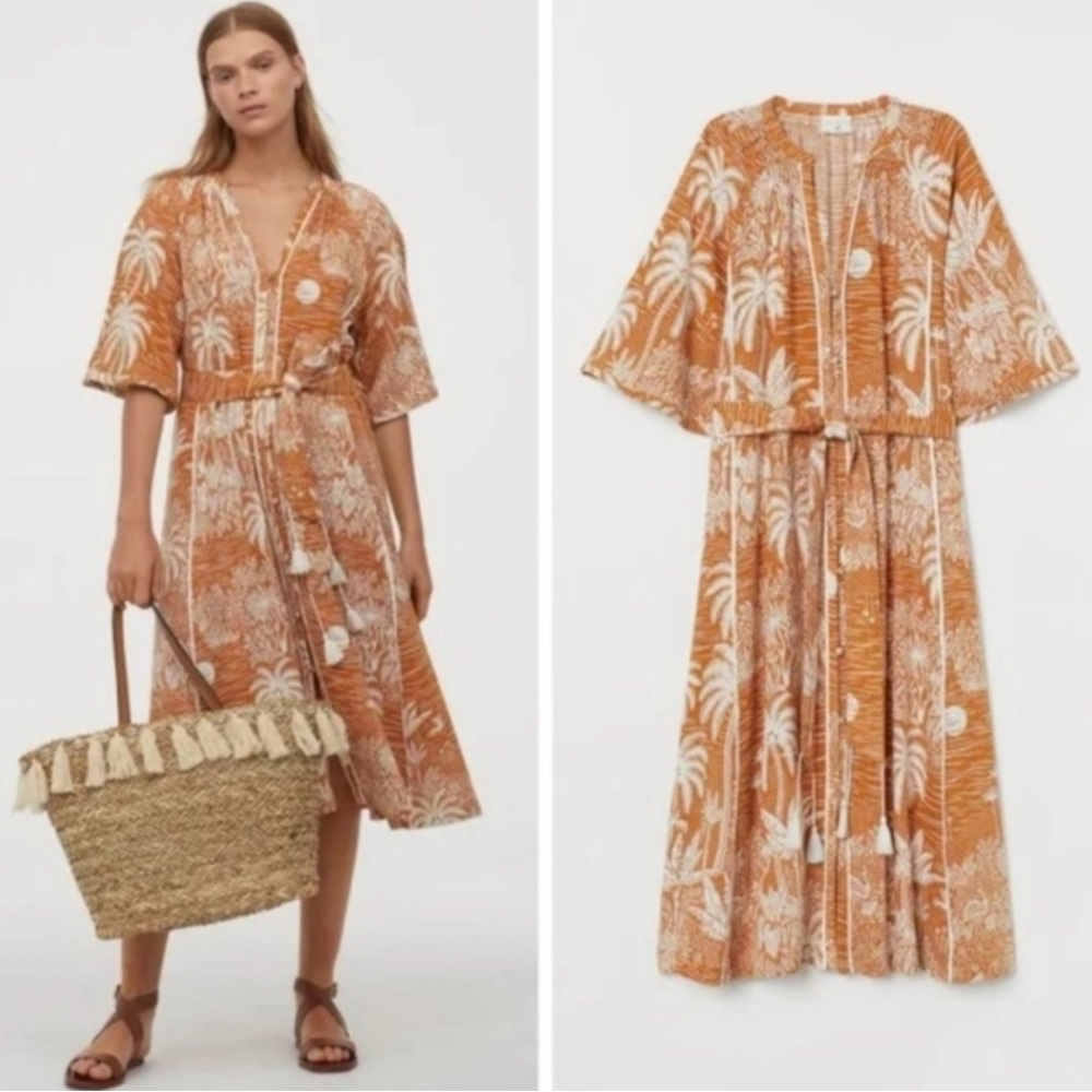 Desmond & Dempsey x H&M Orange Yellow Linen Midi Kaftan Dress Size Small.